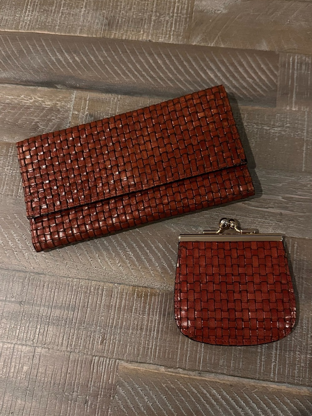 Talbots Woven Brown Tan Leather Wallet and Coin Purse Set